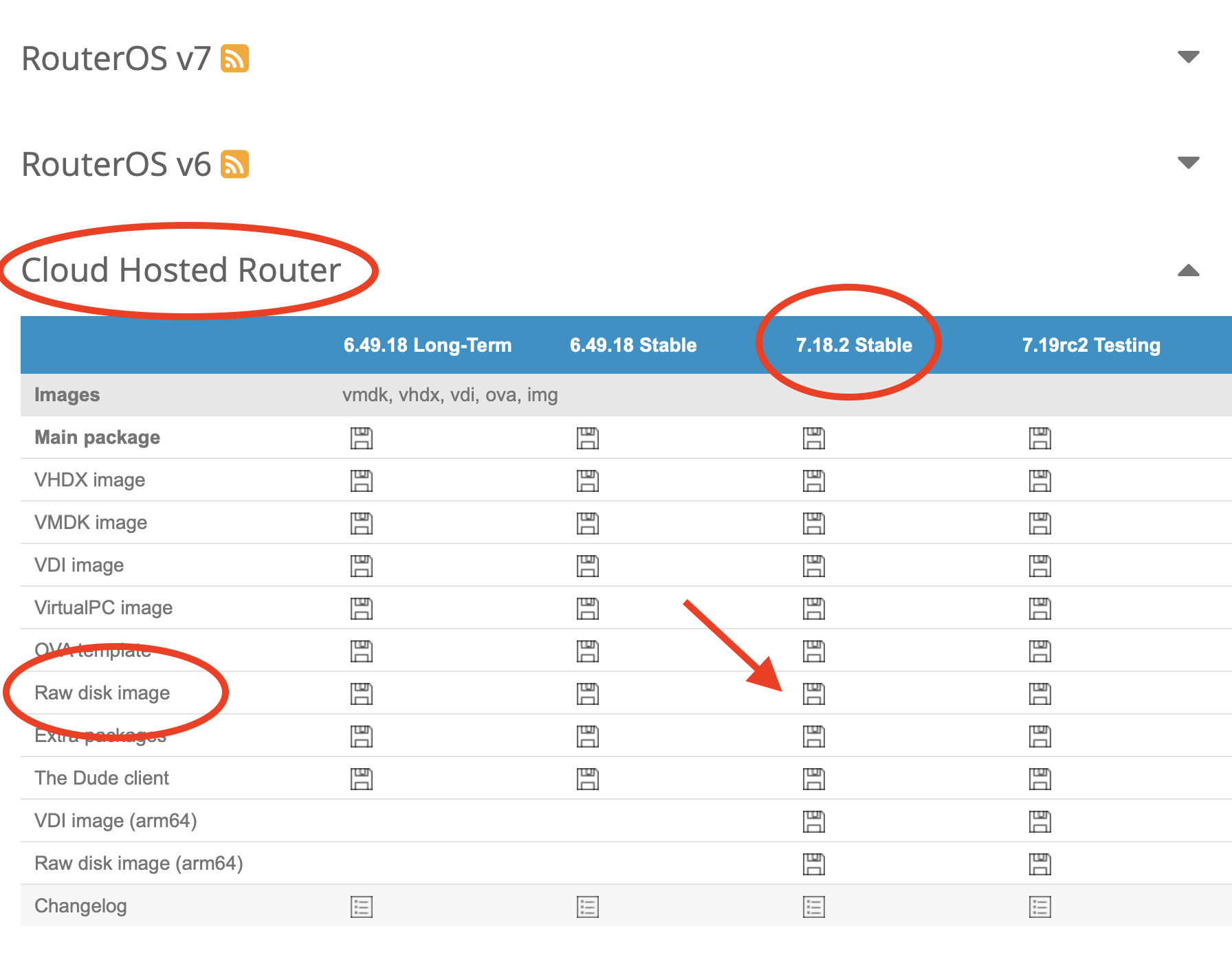 RouterOS download page with ‘Cloud Hosted Router’ and ‘Raw disk image’ highlighted